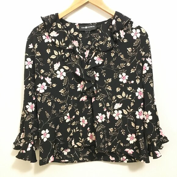 Black Flowy Ruffle Sleeve and Collar Black Floral Blouse - Picture 1 of 13